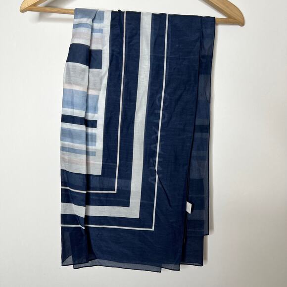 Cuyana Large Navy Blue Light Blue Pink Grey Striped Cotton/Silk Scarf Italy - Picture 10 of 10